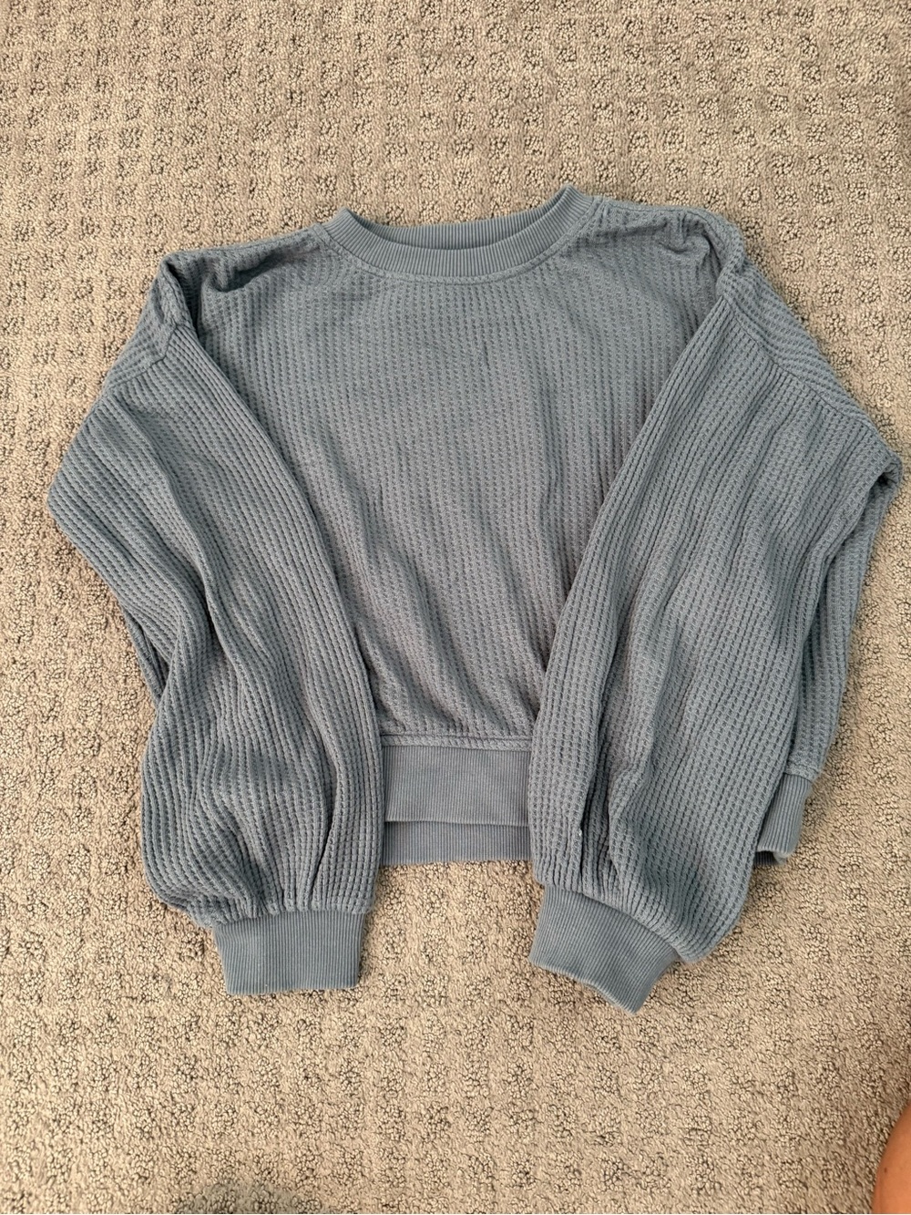 Girls' Light Blue Waffle-Knit Balloon Sleeve Sweater
